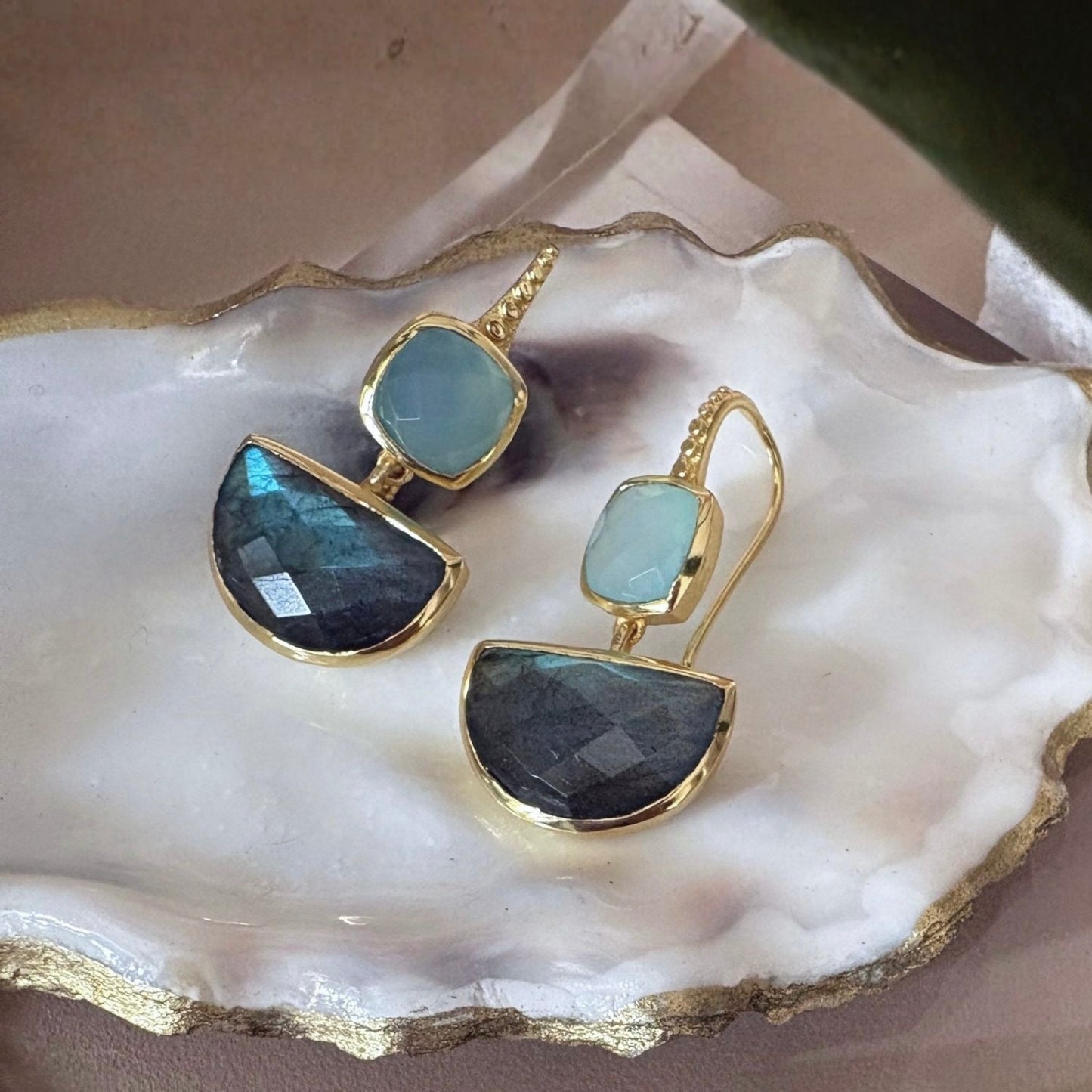 Charis Halfmoon Double Gemstone Earrings Pariba Onyx & Labradorite