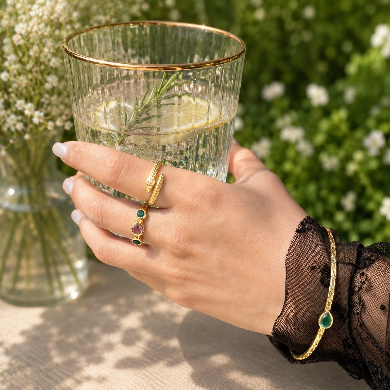 [PRE-ORDER] Iris Three Gemstones Ring Green Onyx & Amethyst