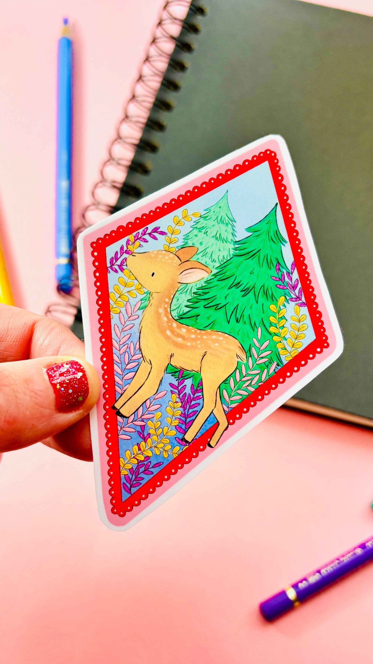 Pastel Deer or Bunny Pink Scalloped Vinyl Sticker