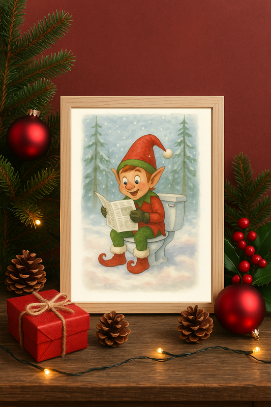 Funny Christmas Elf Toilet Wall Art – Cartoon Holiday Bathroom Humor Print