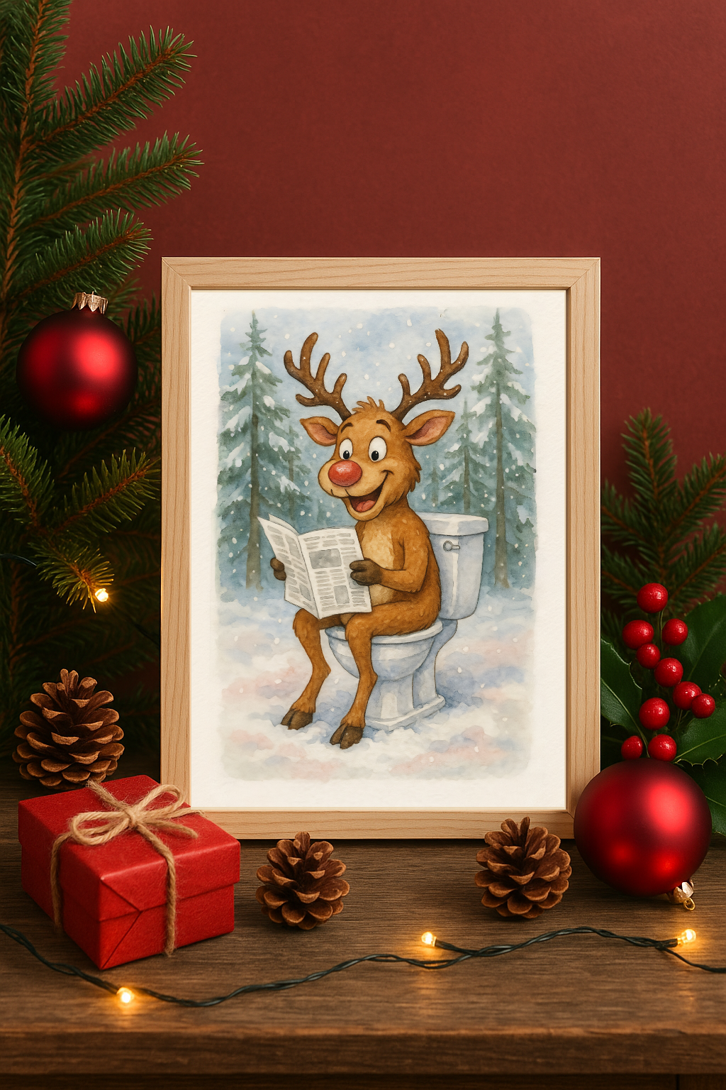 Funny Christmas Reindeer Toilet Wall Art – Cartoon Holiday Bathroom Humor Print