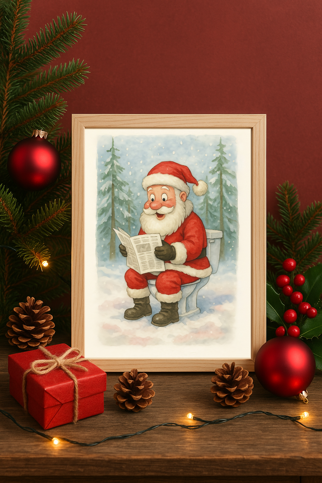 Funny Christmas Santa Toilet Wall Art – Cartoon Holiday Bathroom Humor Print
