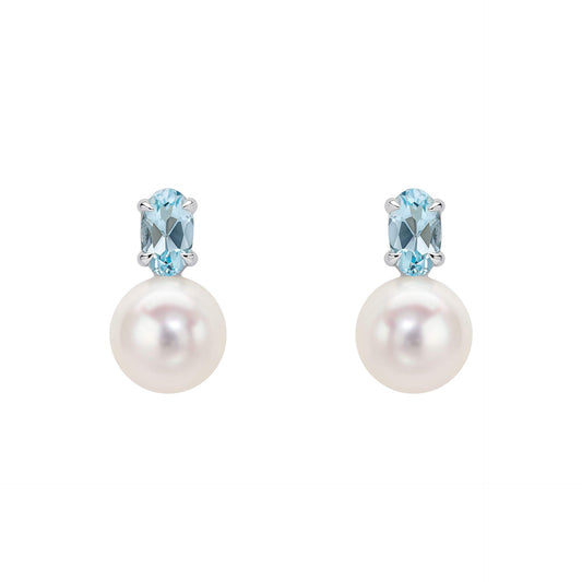 Elements Gold Freshwater Pearl and Sky Blue Topaz Stud Earrings