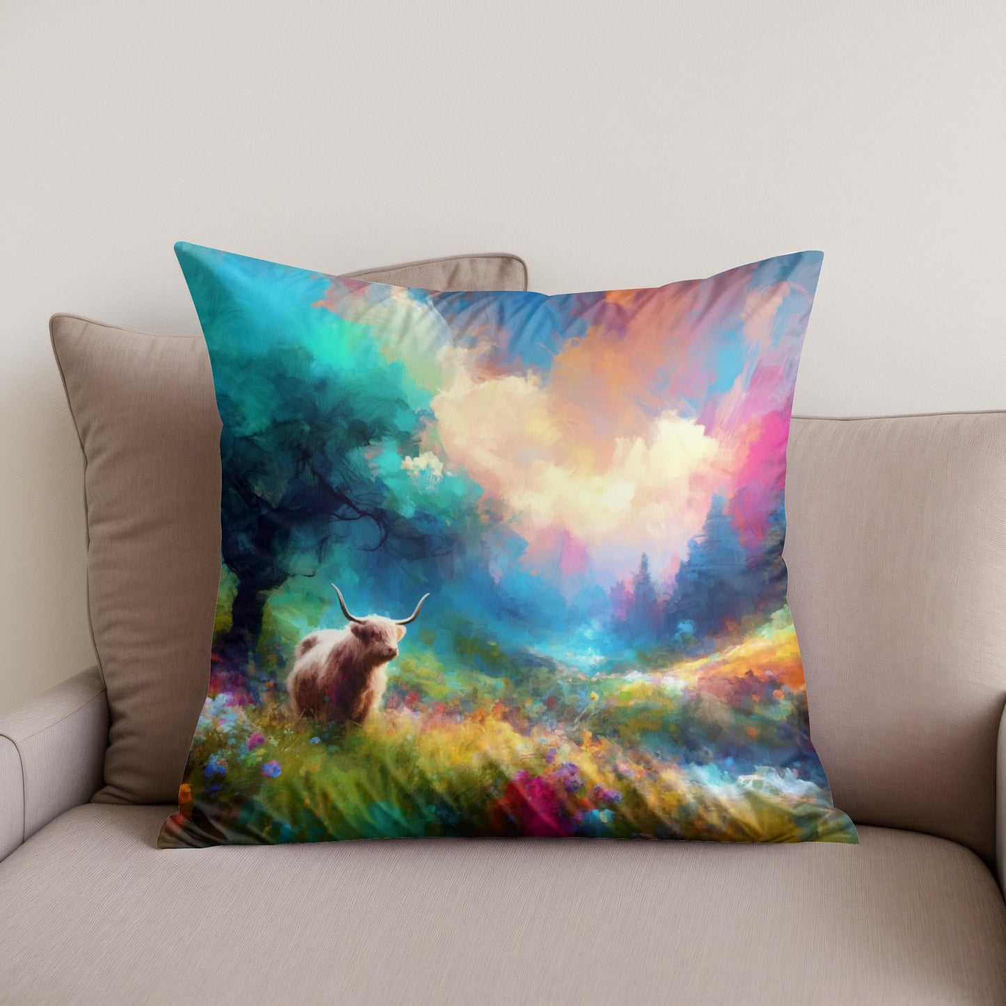 Vivid Highland Cow Escape Cotton Cushion