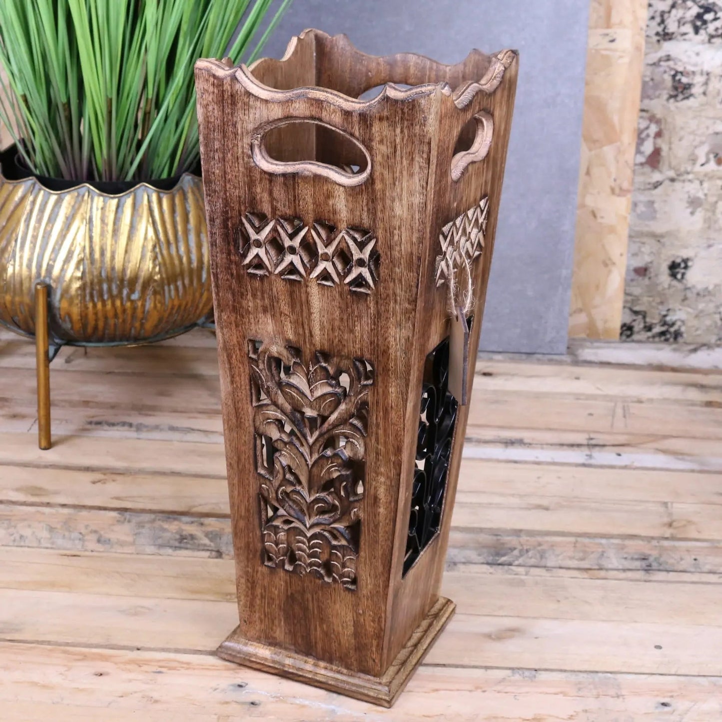Gangotri Wooden Umbrella Stand Mango Wood Leaf Jali Design