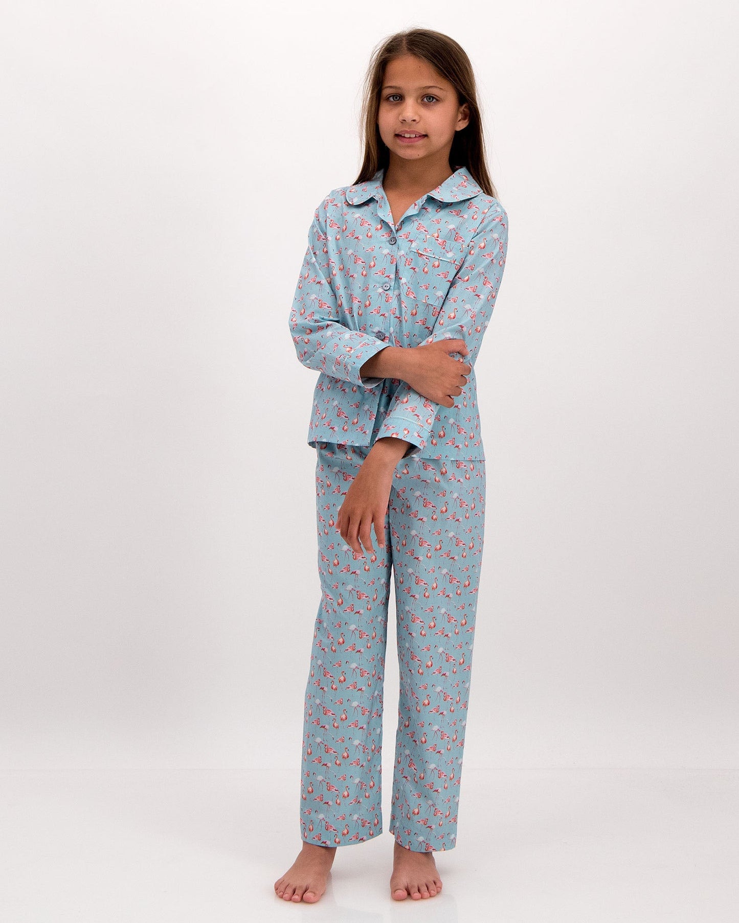 Girls Long Pyjamas - Blue Flamingos