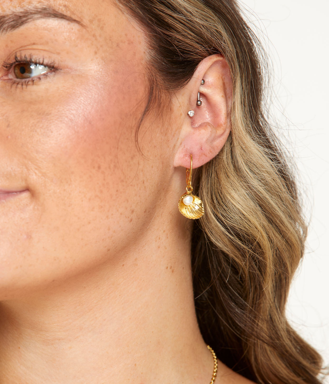 Gold Pearl Sea Shell Drop Earrings