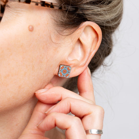 Granny Square Wooden Earrings  - Crochet Gift