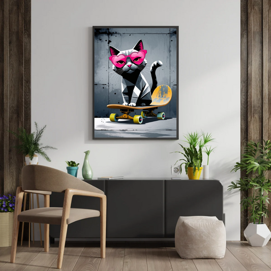 Skater Cat Vibes – Cool Wall Art with Pink Glasses & Attitude