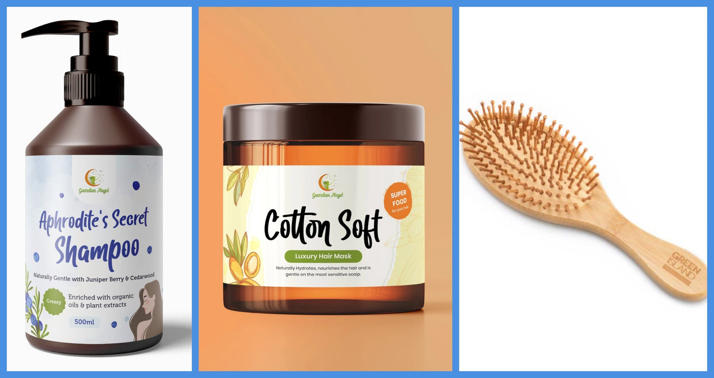 Organic and Natural GREASY HAIR Set  - 3 Piece Treatment and Brush Set
