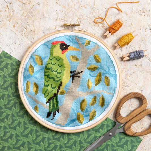 'Green Woodpecker' Bird Cross Stitch Kit for Beginners