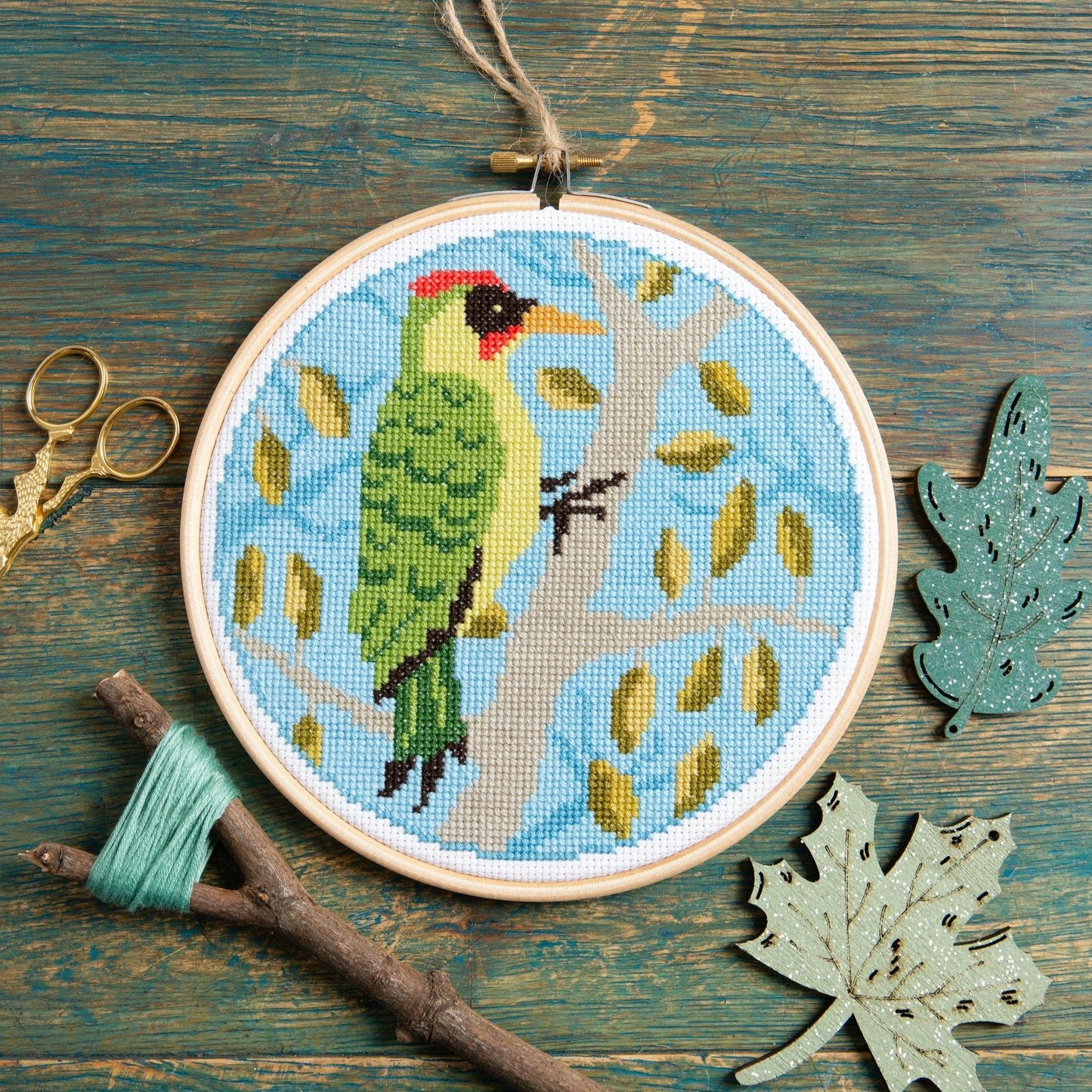 'Green Woodpecker' Bird Cross Stitch Kit for Beginners