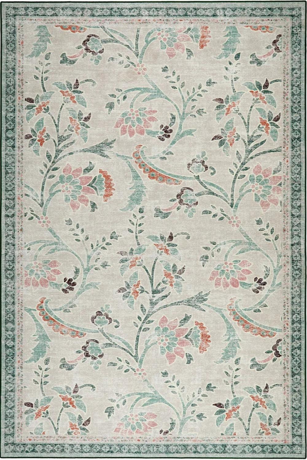 Eco-Washable Green Rug Floral Design