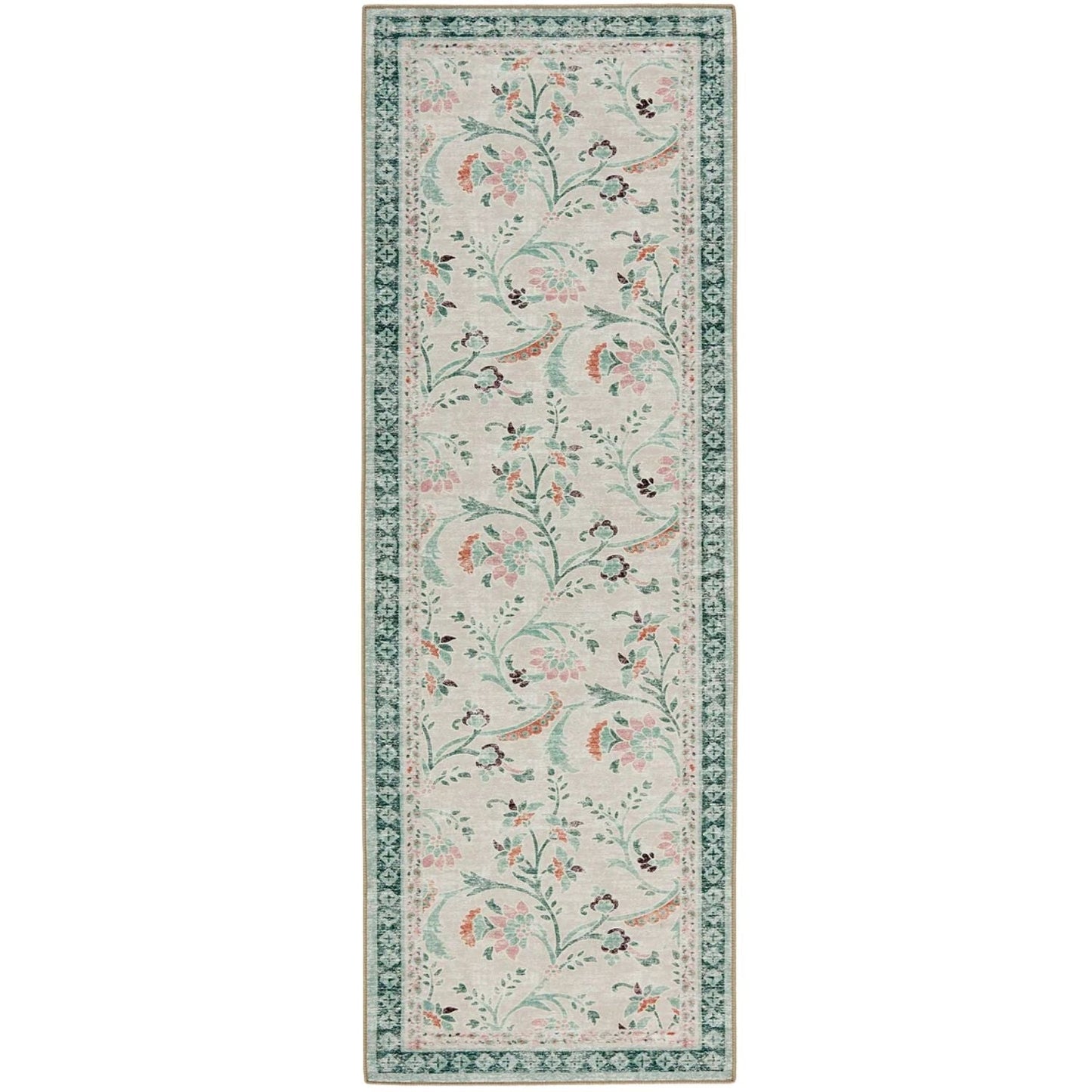 Eco-Washable Green Rug Floral Design