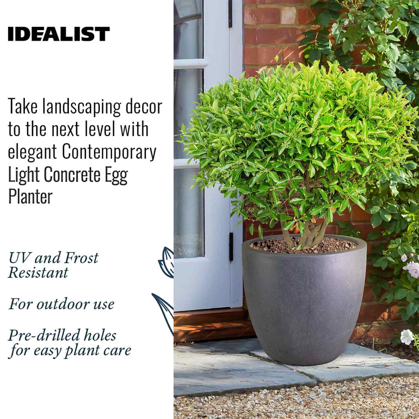 IDEALIST Lite 40cm Garden Planter | Washed Light Concrete Egg Round Planter | Contemporary Outdoor Plant Pot D40 H40 cm, 50L
