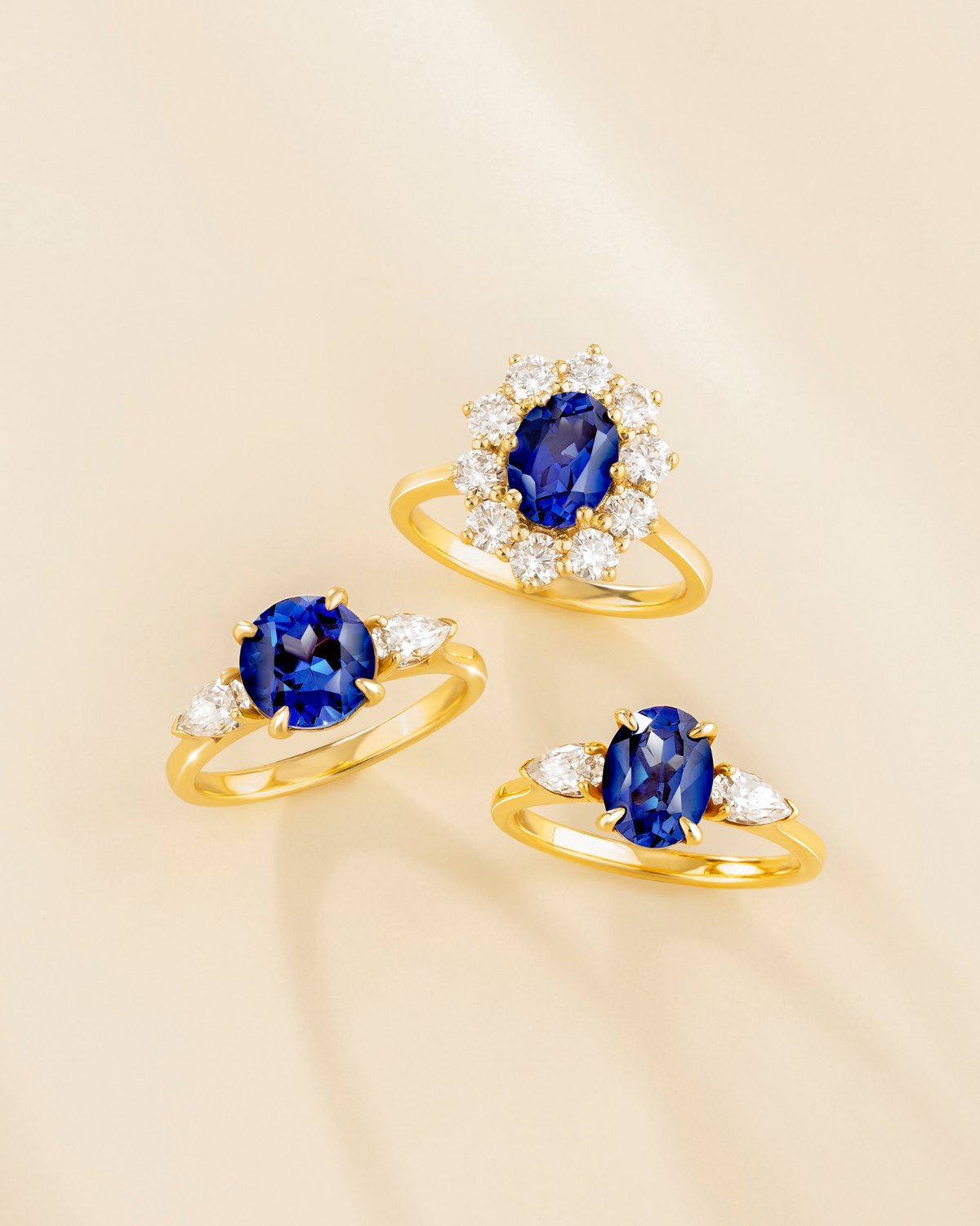 Blue Sapphire Oval Three Stone Engagement Ring in 18k Gold Vermeil