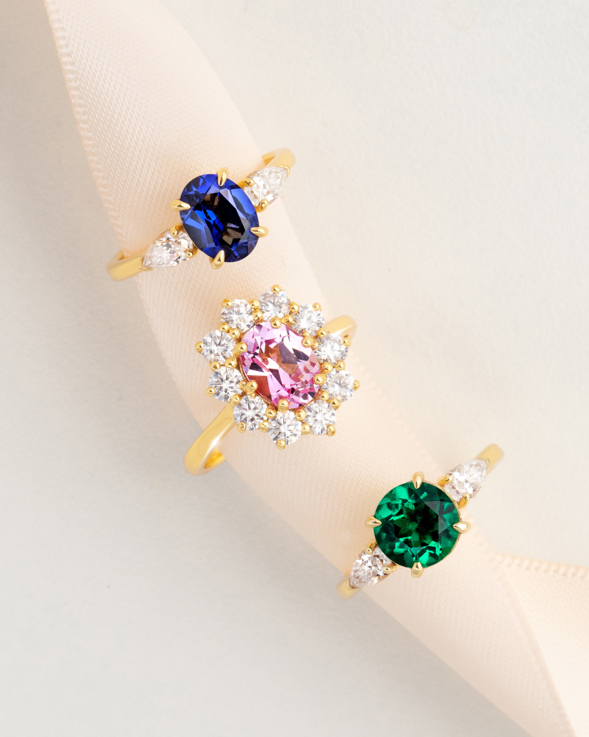 Blue Sapphire Oval Three Stone Engagement Ring in 18k Gold Vermeil