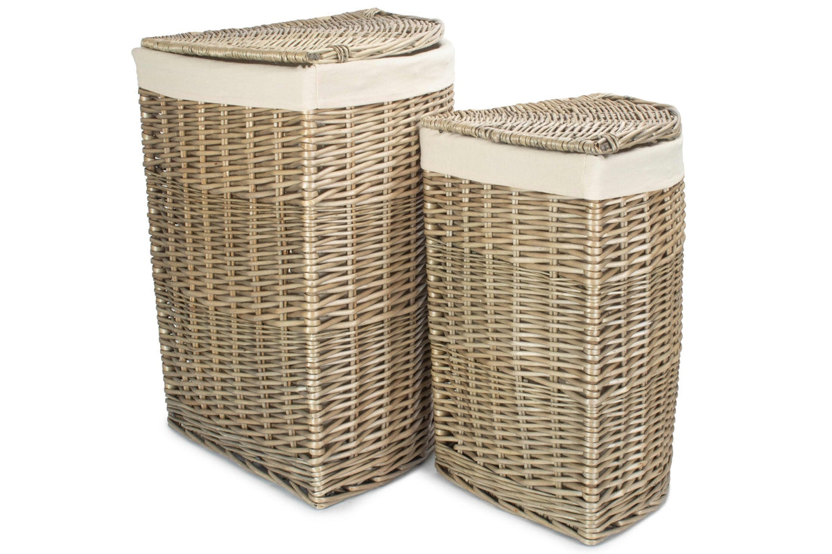 Antique Wash Willow Corner Linen Basket with White Lining Set 2