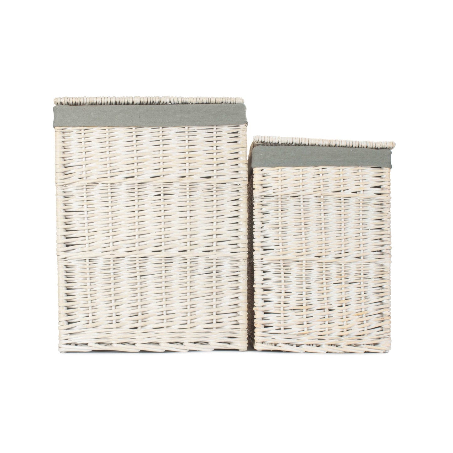 Square White Wash Laundry Hamper with Grey Sage Lining Set 2