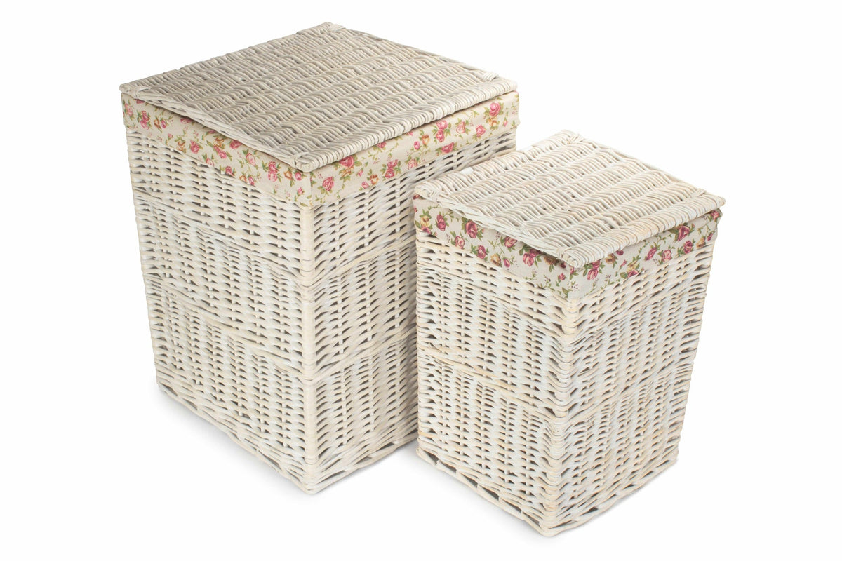 Square White Wash Laundry Hamper with Garden Rose Lining Set 2