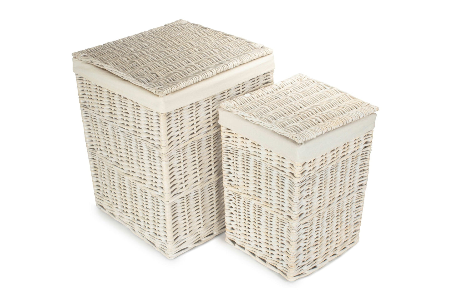 White Wash Willow Square Laundry Hamper with White Lining Set 2