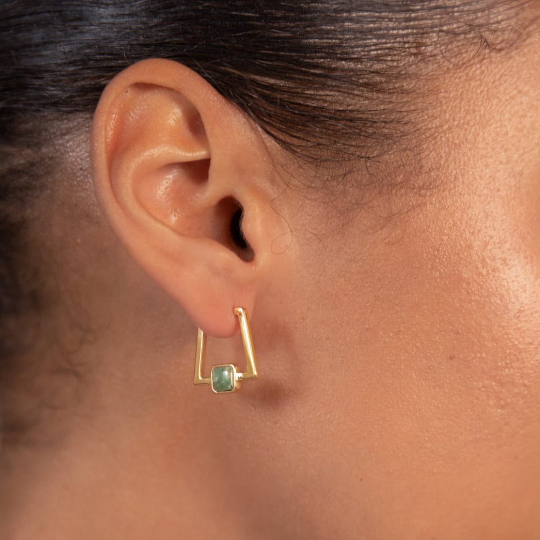 Gold Deco Square Agate Hoops