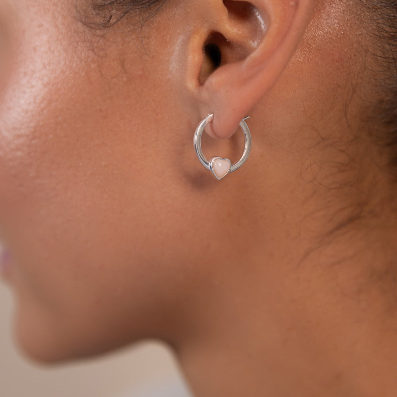 Silver Pink Opal Heart Hoop