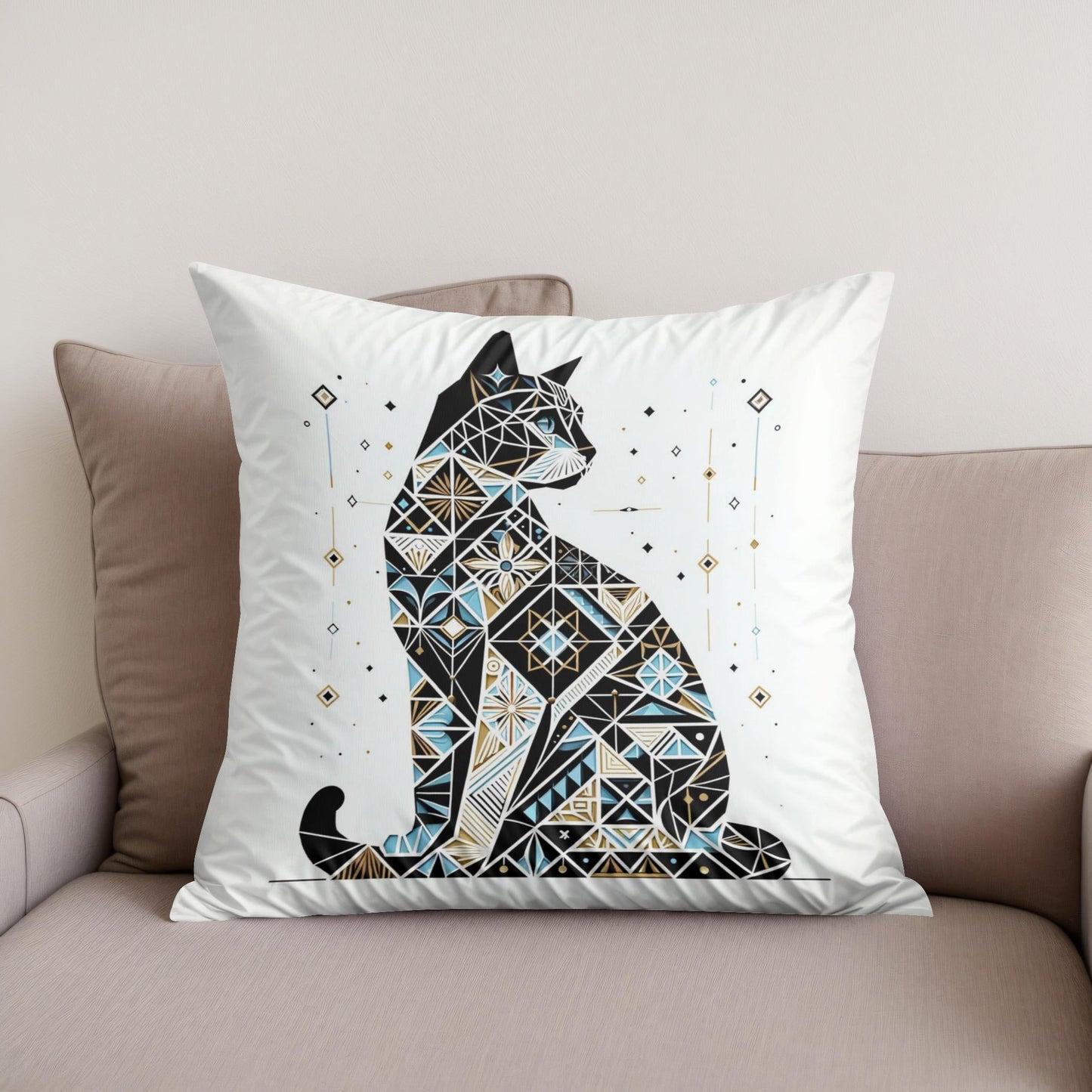 Mystic Azure Feline Mosaic Cotton Cushion