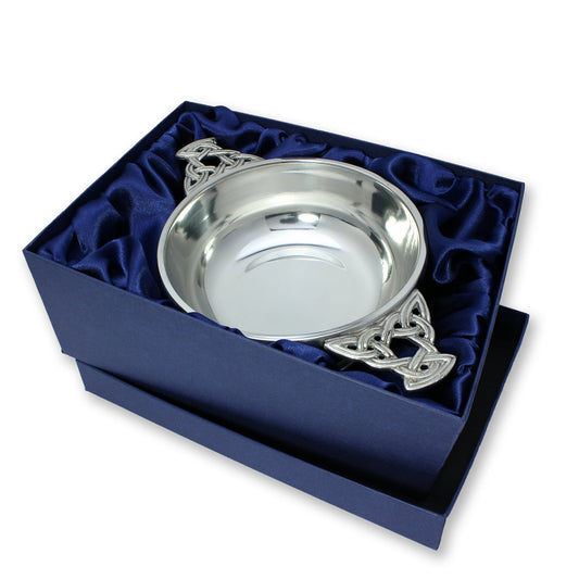 5 Inch Handmade Pewter Quaich with Celtic Knot Handles