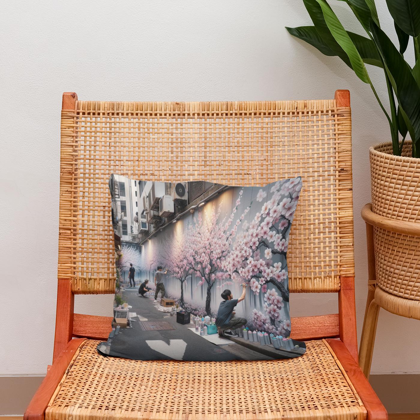Cherry Blossom Graffiti Cotton Cushion