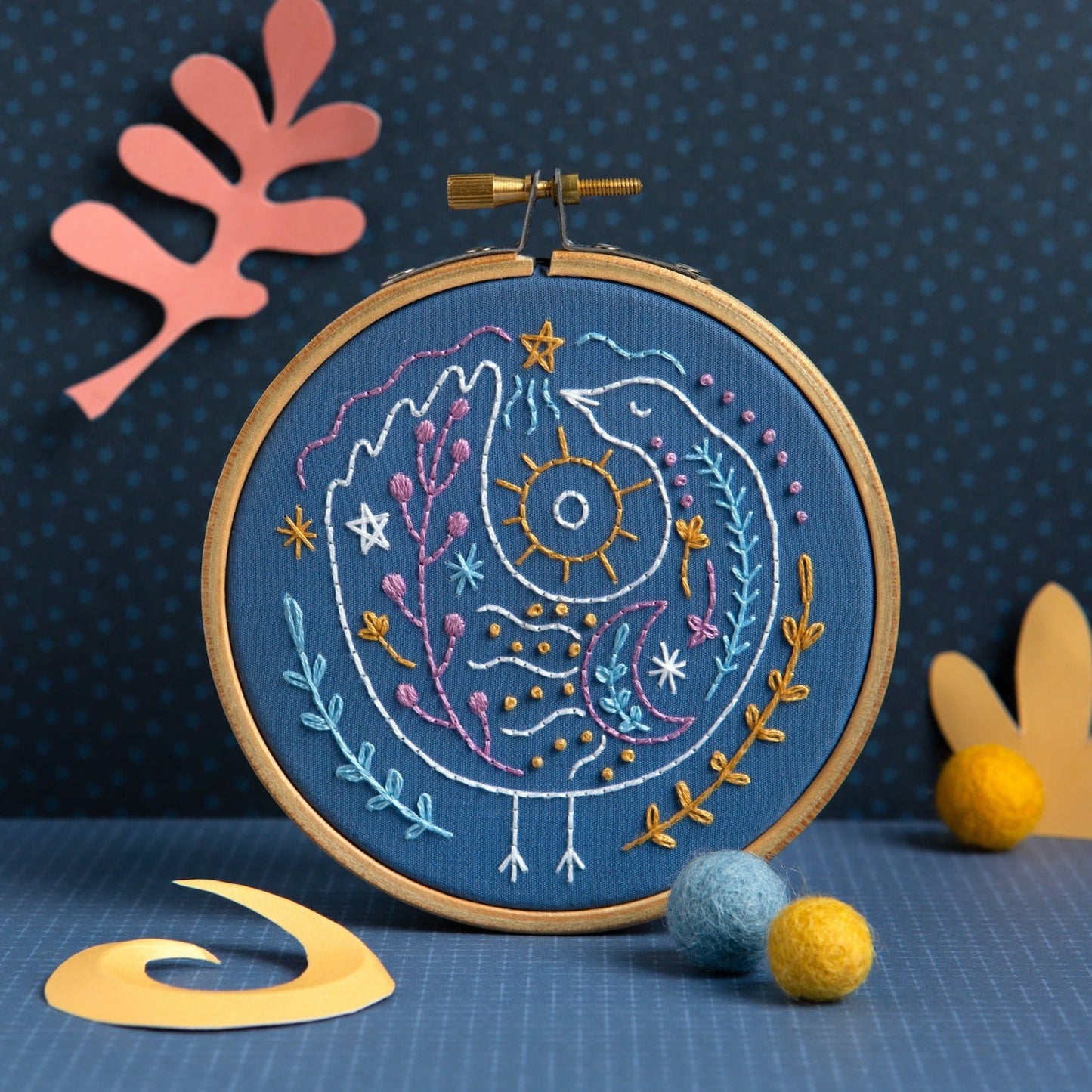 'Celestial Bird' Moon and Stars Mini Embroidery Kit for Beginners