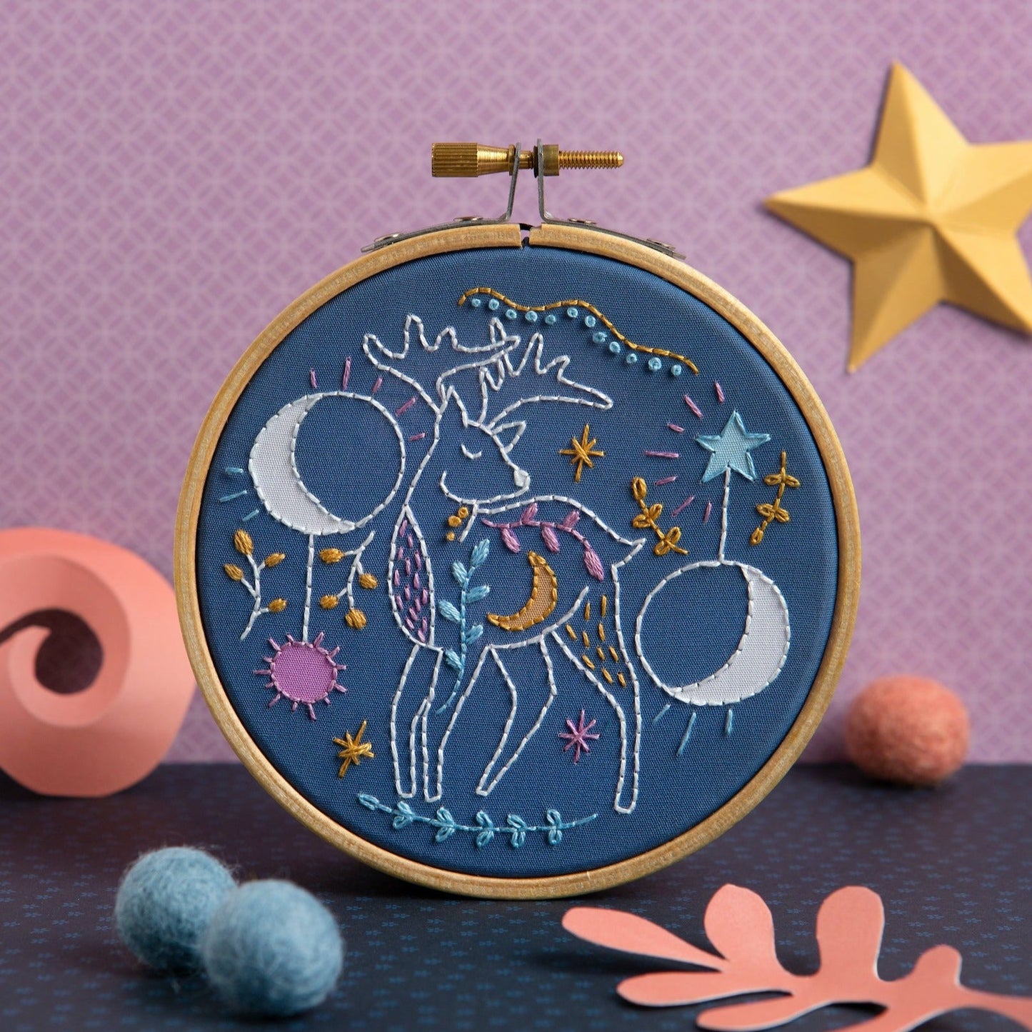 'Celestial Deer' Moon and Stars Mini Embroidery Kit for Beginners