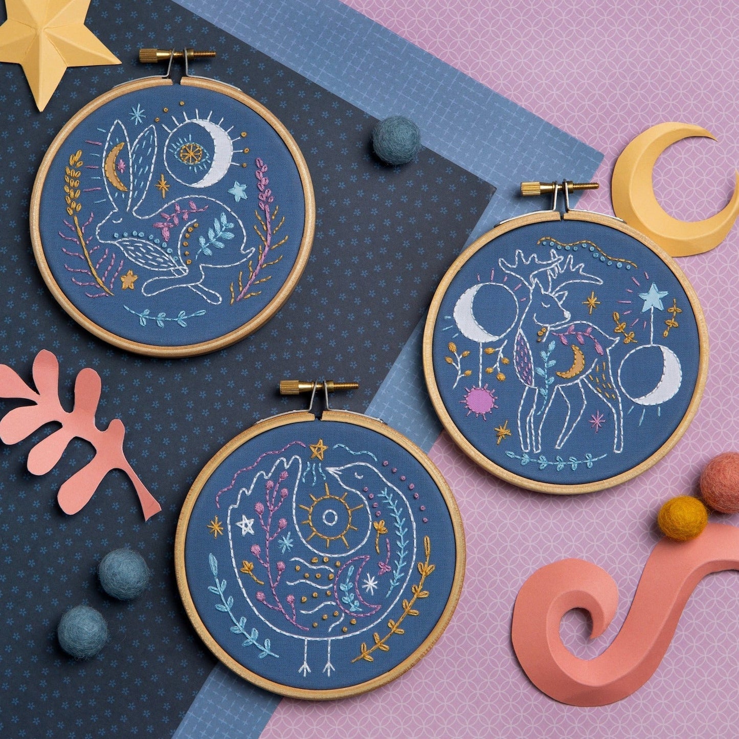 'Celestial Hare' Moon and Stars Mini Embroidery Kit for Beginners