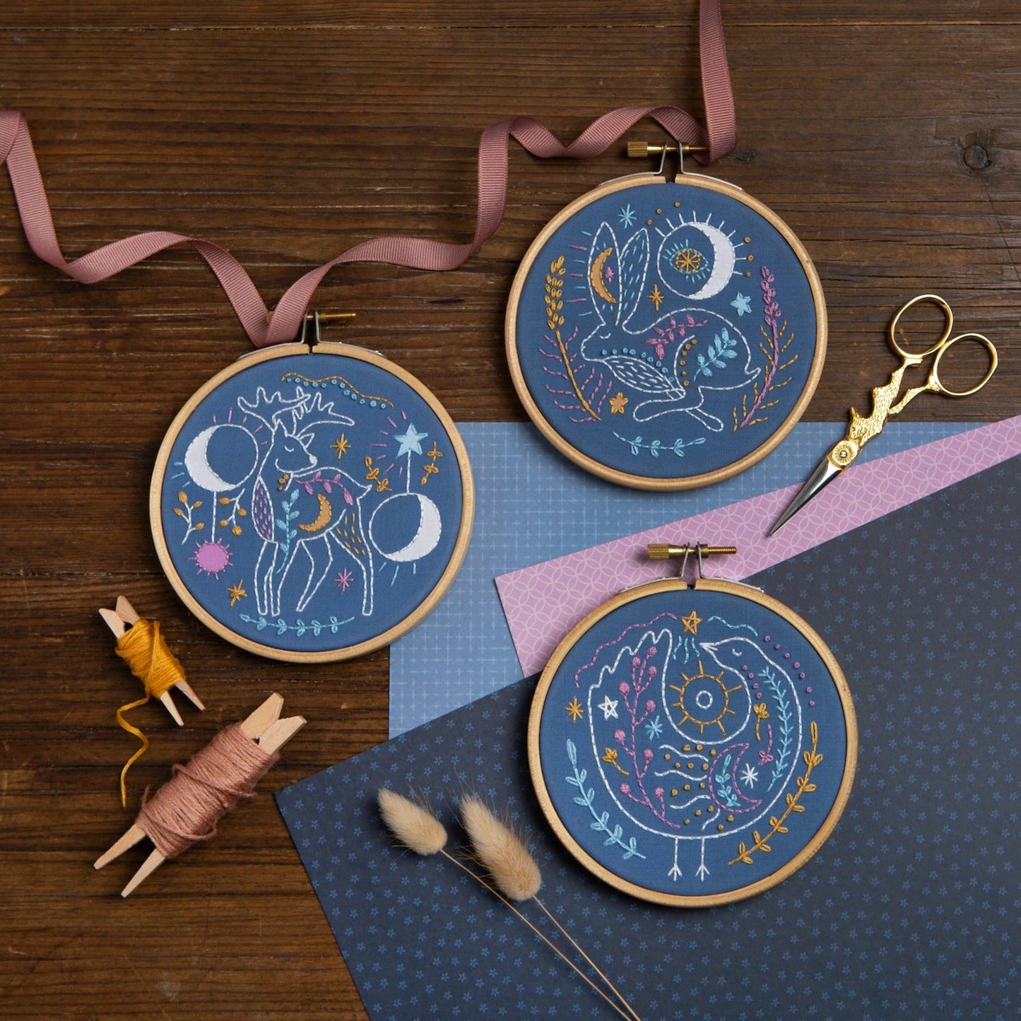 'Celestial Bird' Moon and Stars Mini Embroidery Kit for Beginners