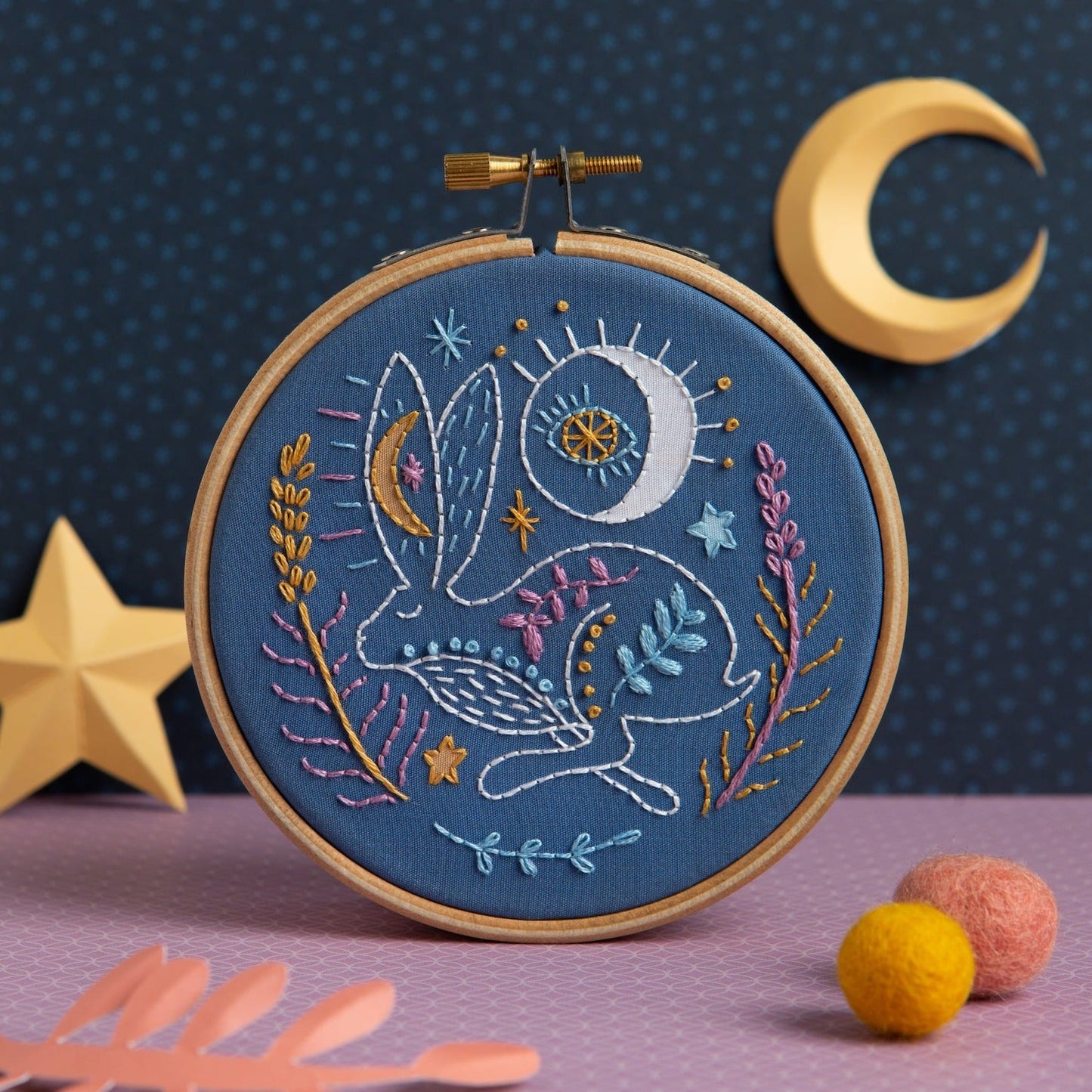 'Celestial Hare' Moon and Stars Mini Embroidery Kit for Beginners