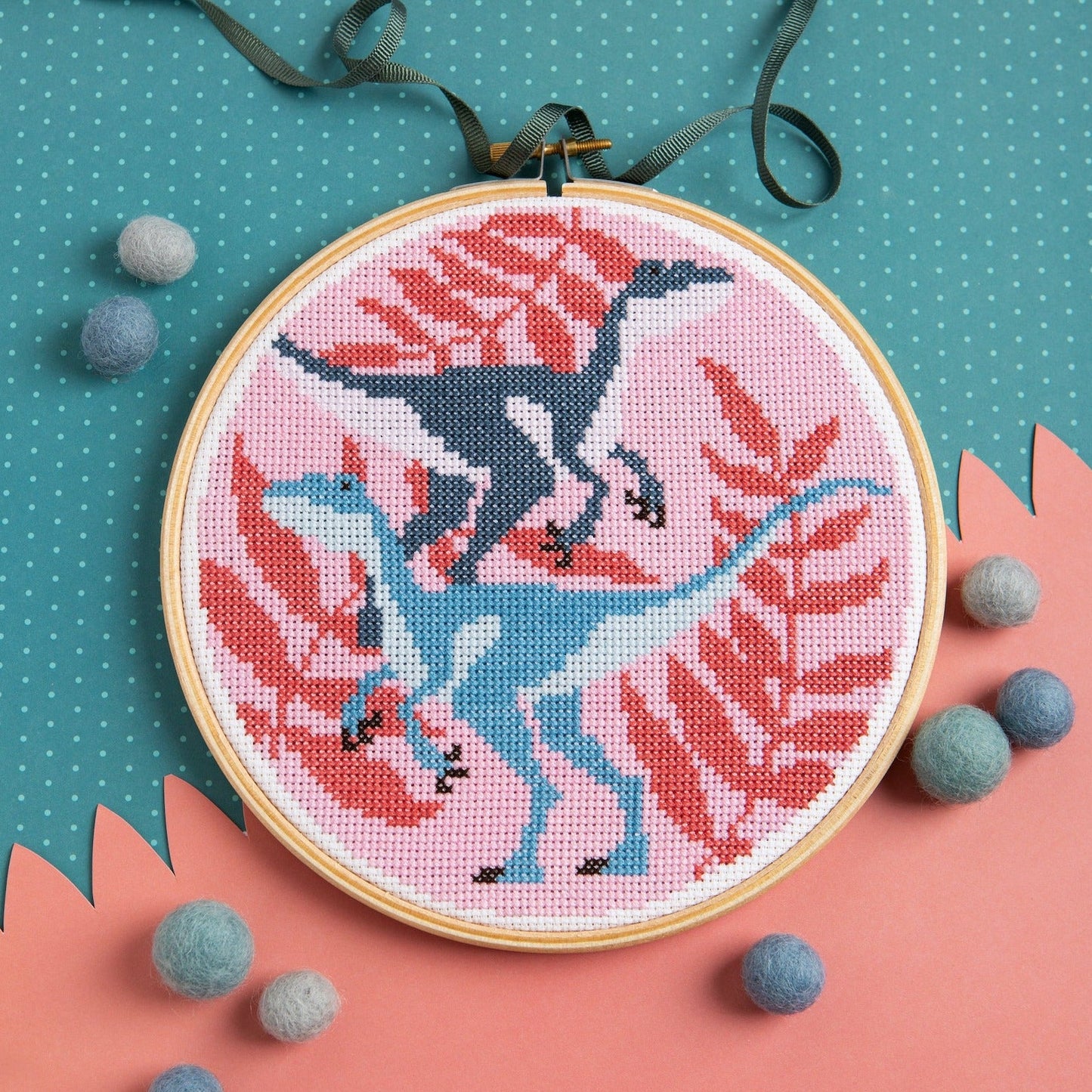 'Velociraptors' Dinosaur Cross Stitch Kit for Beginners