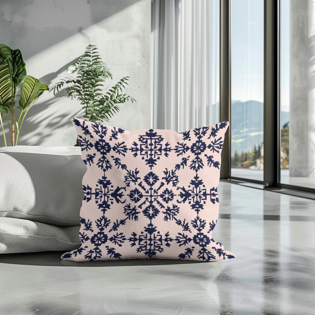 Blush Pink and Navy Modern Folk Art Cotton Cushion