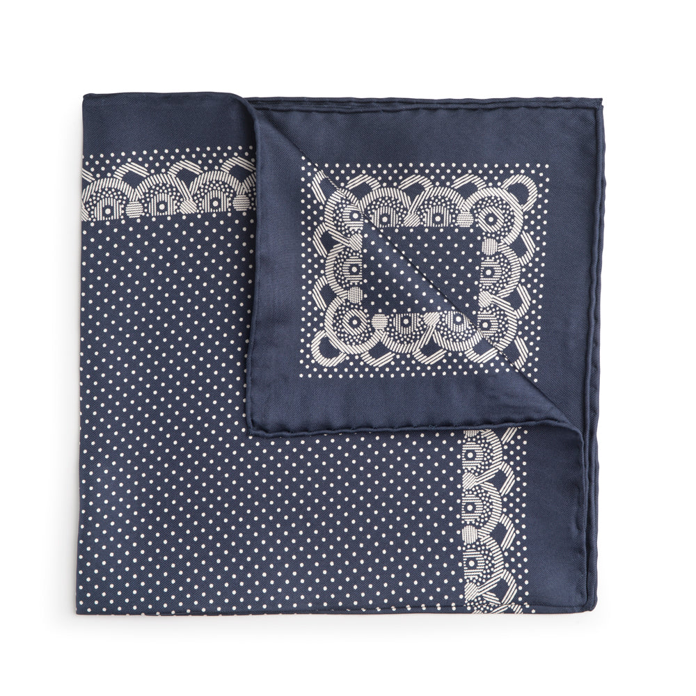 Navy With White Polka Dot & Border Silk Pocket Square