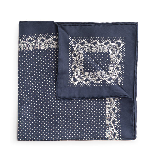 Navy With White Polka Dot & Border Silk Pocket Square