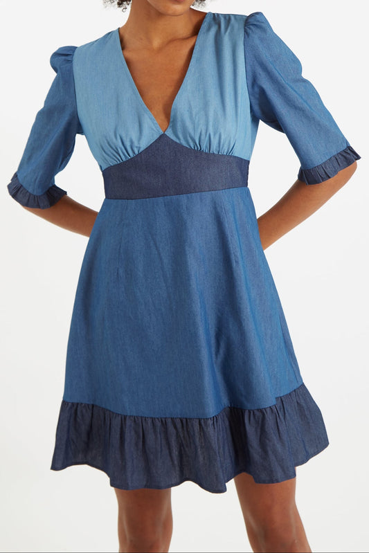 Honie Double Denim V-Neck Mini Dress