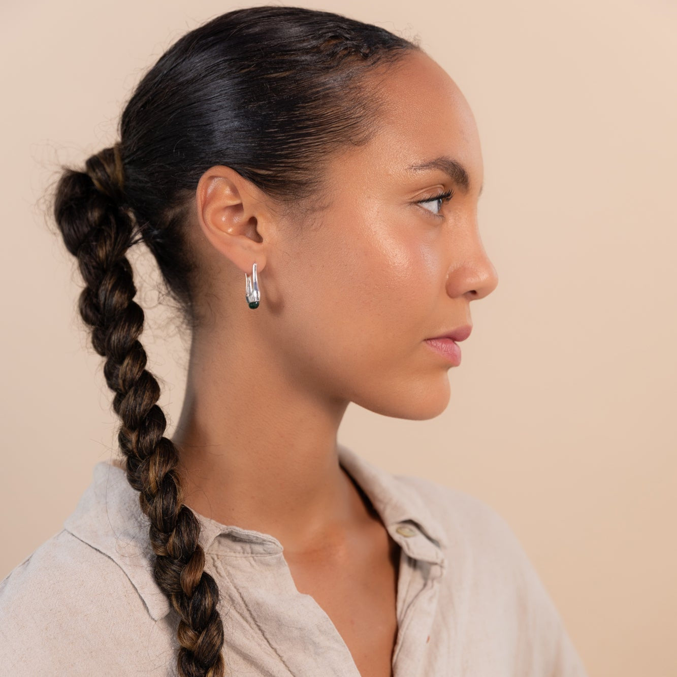 Long Eclipse Drop Green Malachite Hoop Earrings Silver