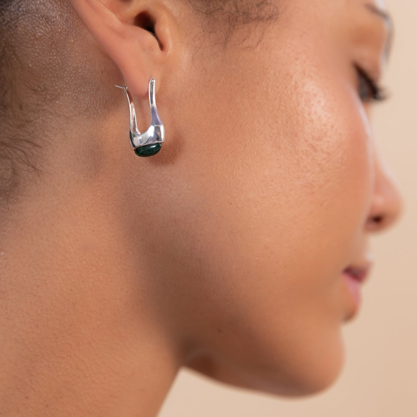 Long Eclipse Drop Green Malachite Hoop Earrings Silver