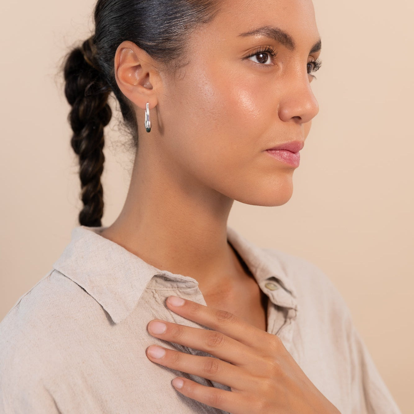 Long Eclipse Drop Green Malachite Hoop Earrings Silver