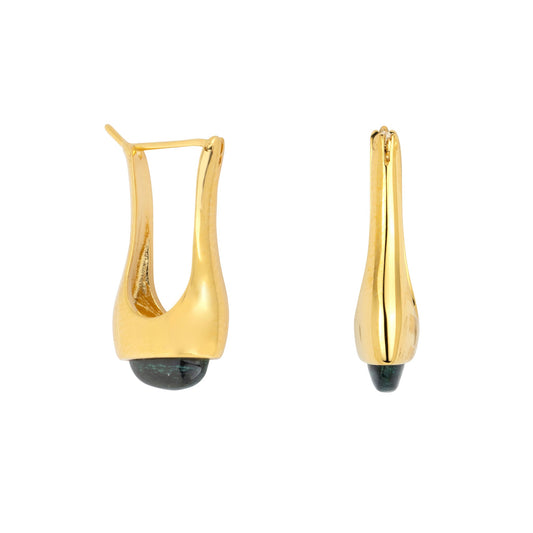 Long Eclipse Drop Green Malachite Hoop Earrings Gold