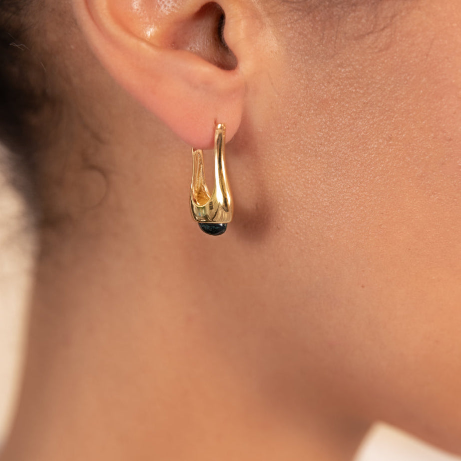 Long Eclipse Drop Green Malachite Hoop Earrings Gold