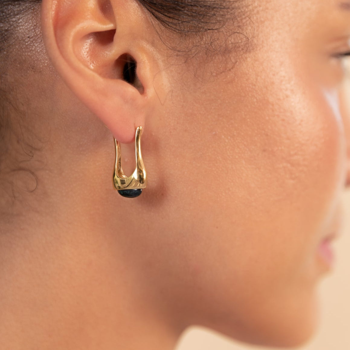 Long Eclipse Drop Green Malachite Hoop Earrings Gold