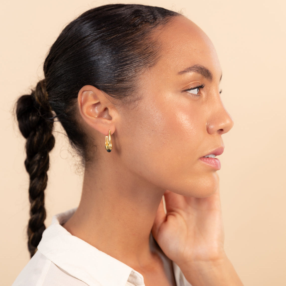 Long Eclipse Drop Green Malachite Hoop Earrings Gold