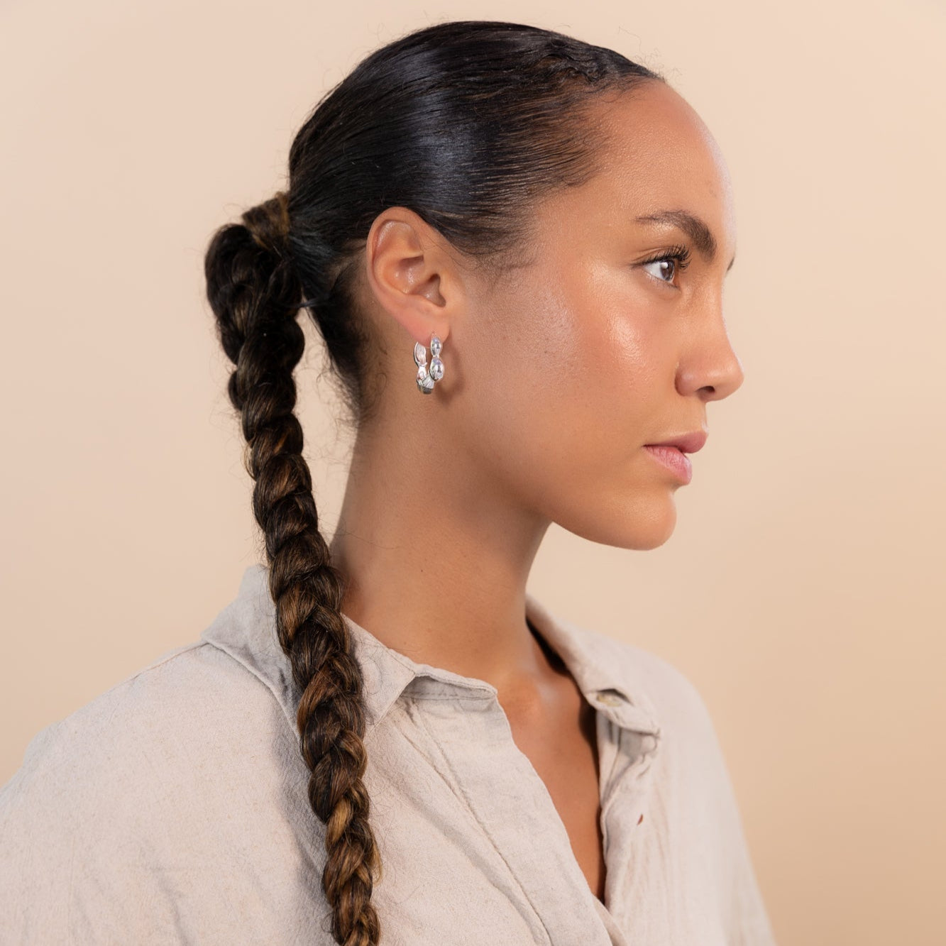 Gaia Link Sculptural Grey Jasper Statement Hoops Silver