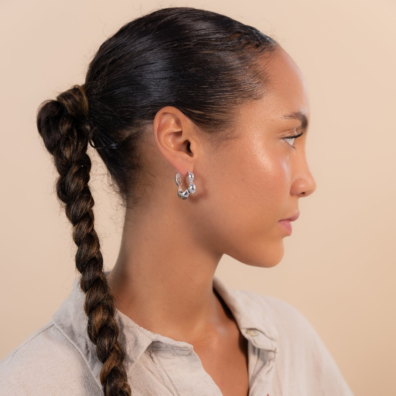 Gaia Link Sculptural Grey Jasper Statement Hoops Silver