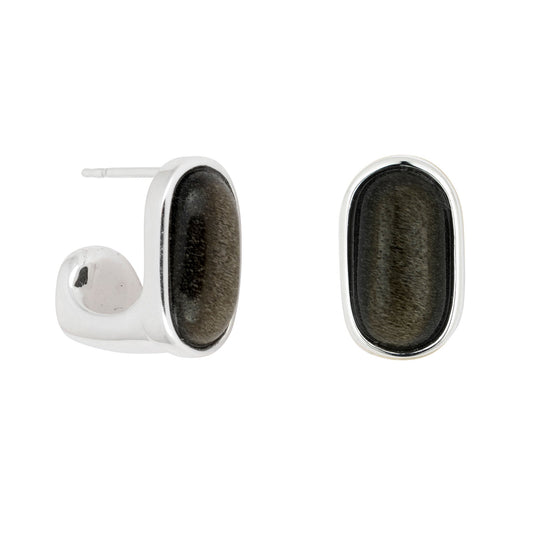 Black Obsidian Oval Earrings Silver